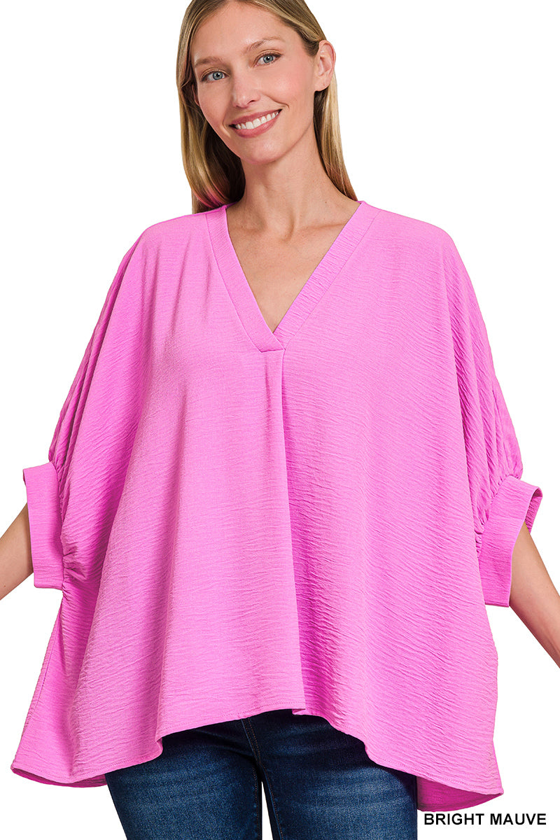 Woven V-Neck Puff Half Sleeve Top