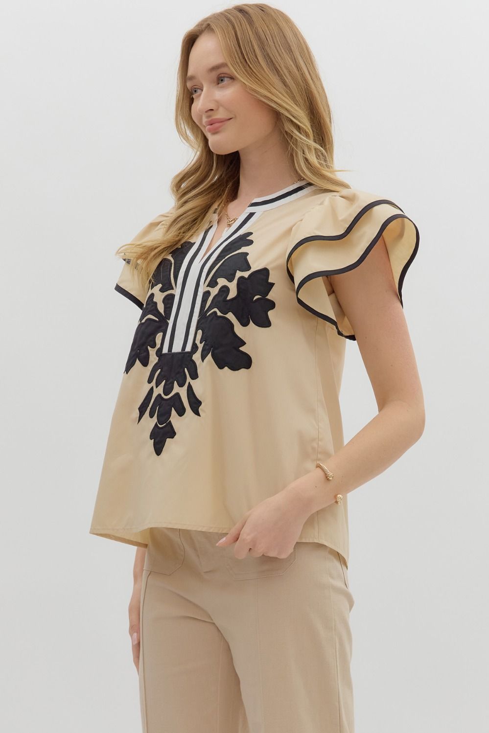 Solid Flutter Sleeve V-Neck Top