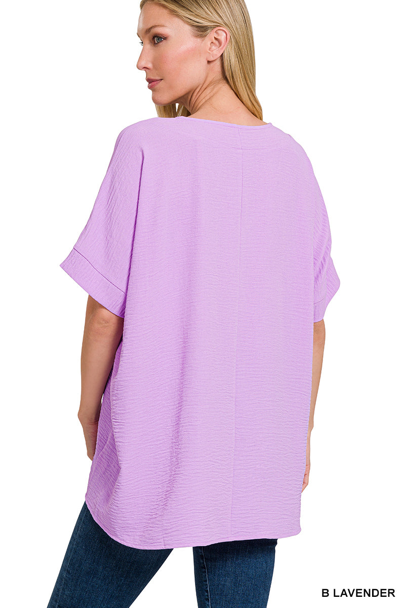 Woven V-Neck Short Sleeve Top