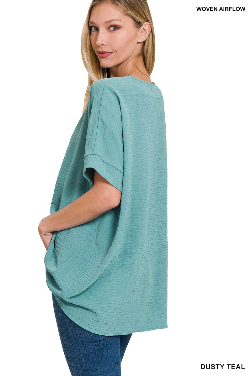 Woven V-Neck Short Sleeve Top