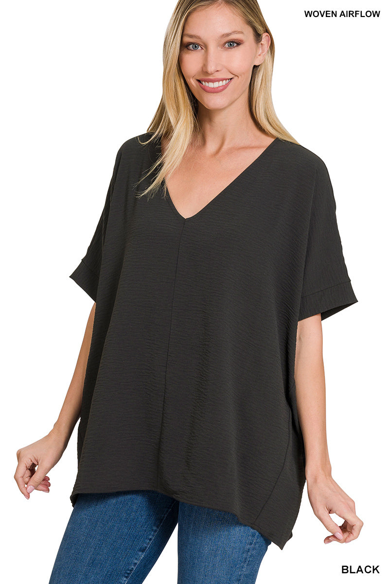 Woven V-Neck Short Sleeve Top