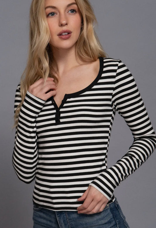 Long Sleeve Henley Neck Striped Rib Top