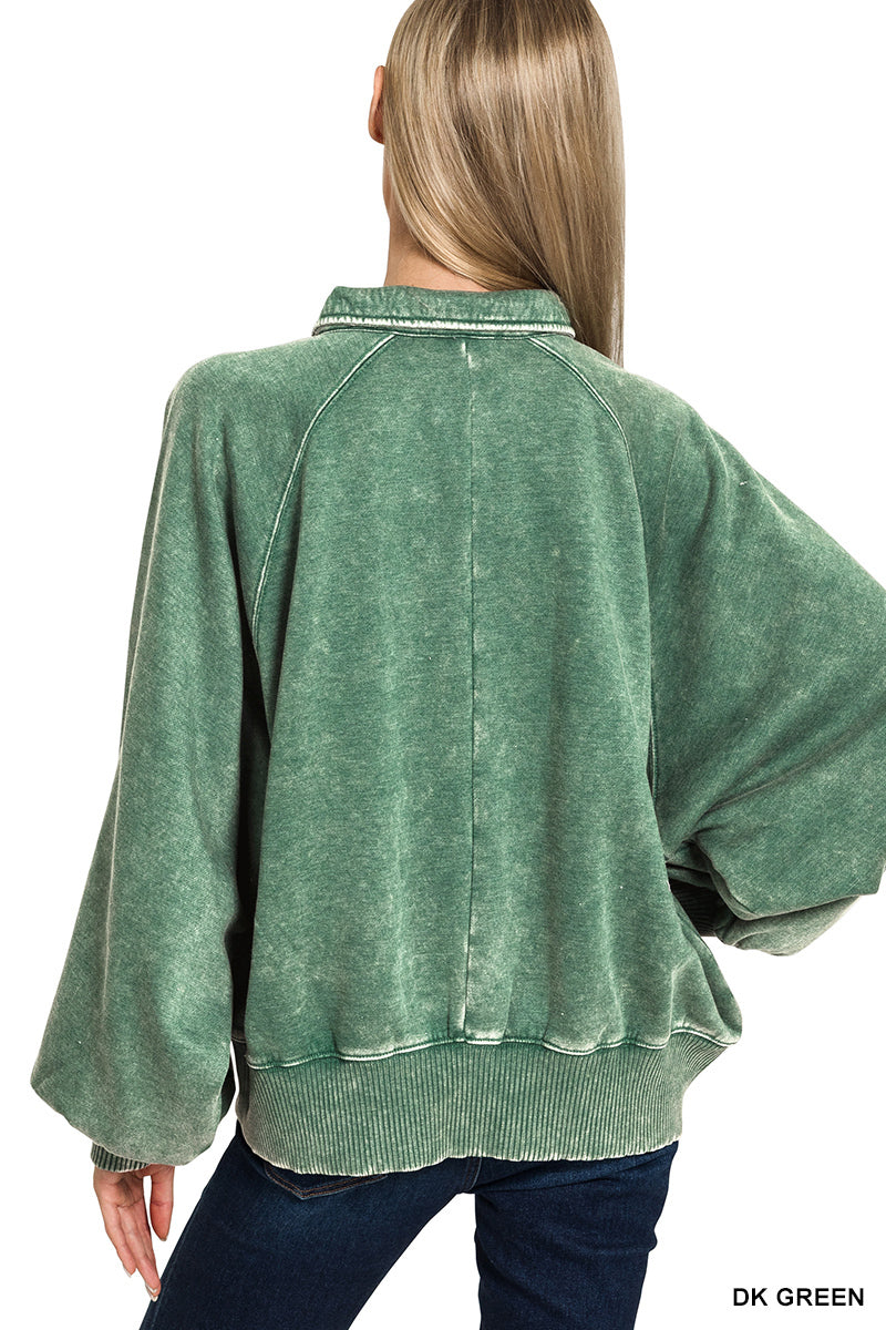 Acid Wash Fleece Button Up Sweatshirt
