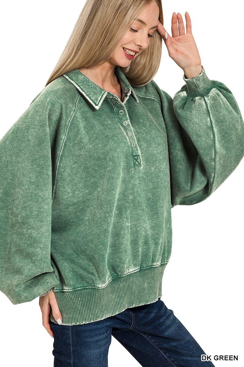 Acid Wash Fleece Button Up Sweatshirt