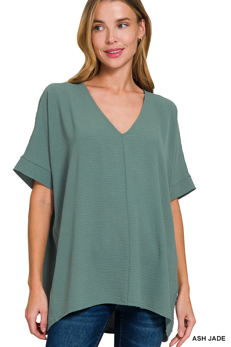 Woven V-Neck Short Sleeve Top