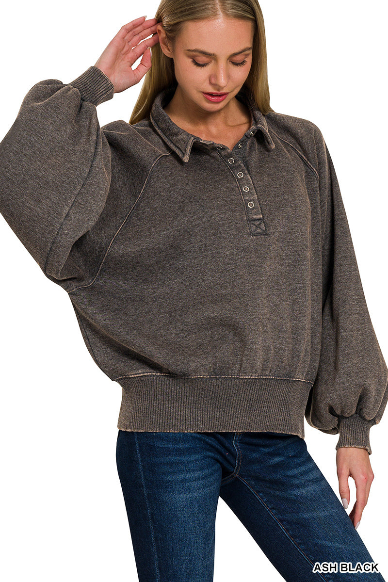 Acid Wash Fleece Button Up Sweatshirt