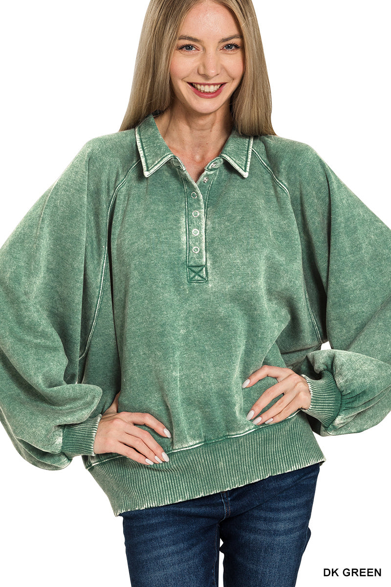 Acid Wash Fleece Button Up Sweatshirt