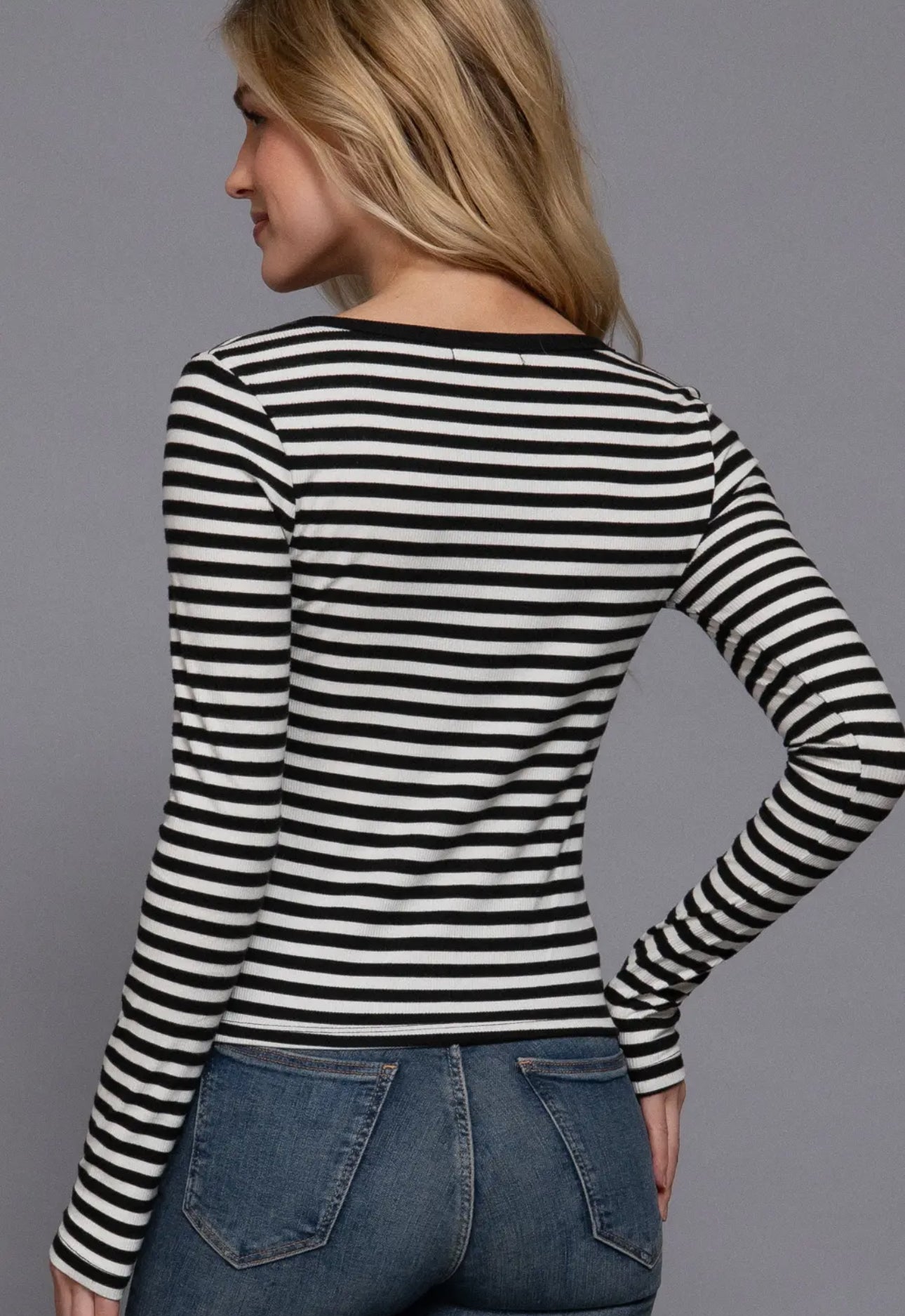 Long Sleeve Henley Neck Striped Rib Top