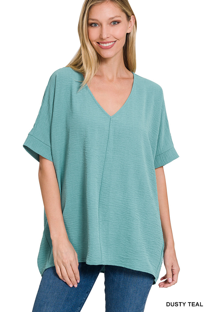 Woven V-Neck Short Sleeve Top