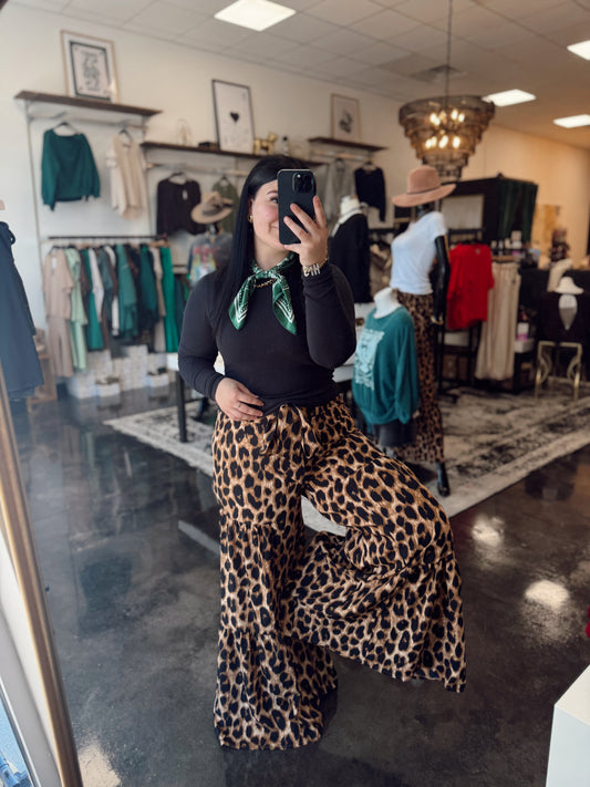 Tiered Leopard Wide Leg Pants