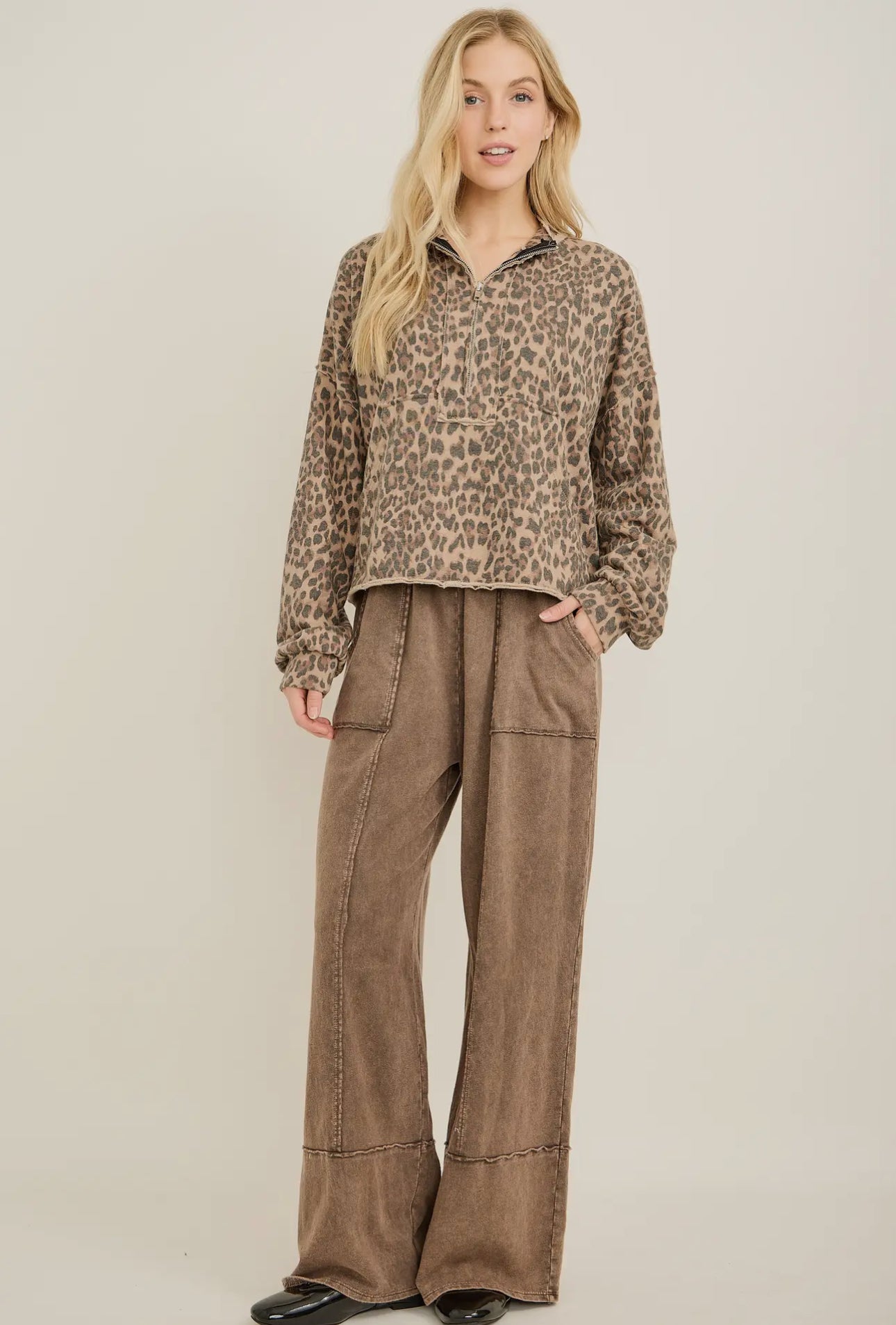 Washed Leopard Half Zip Pocket Sweatshirt