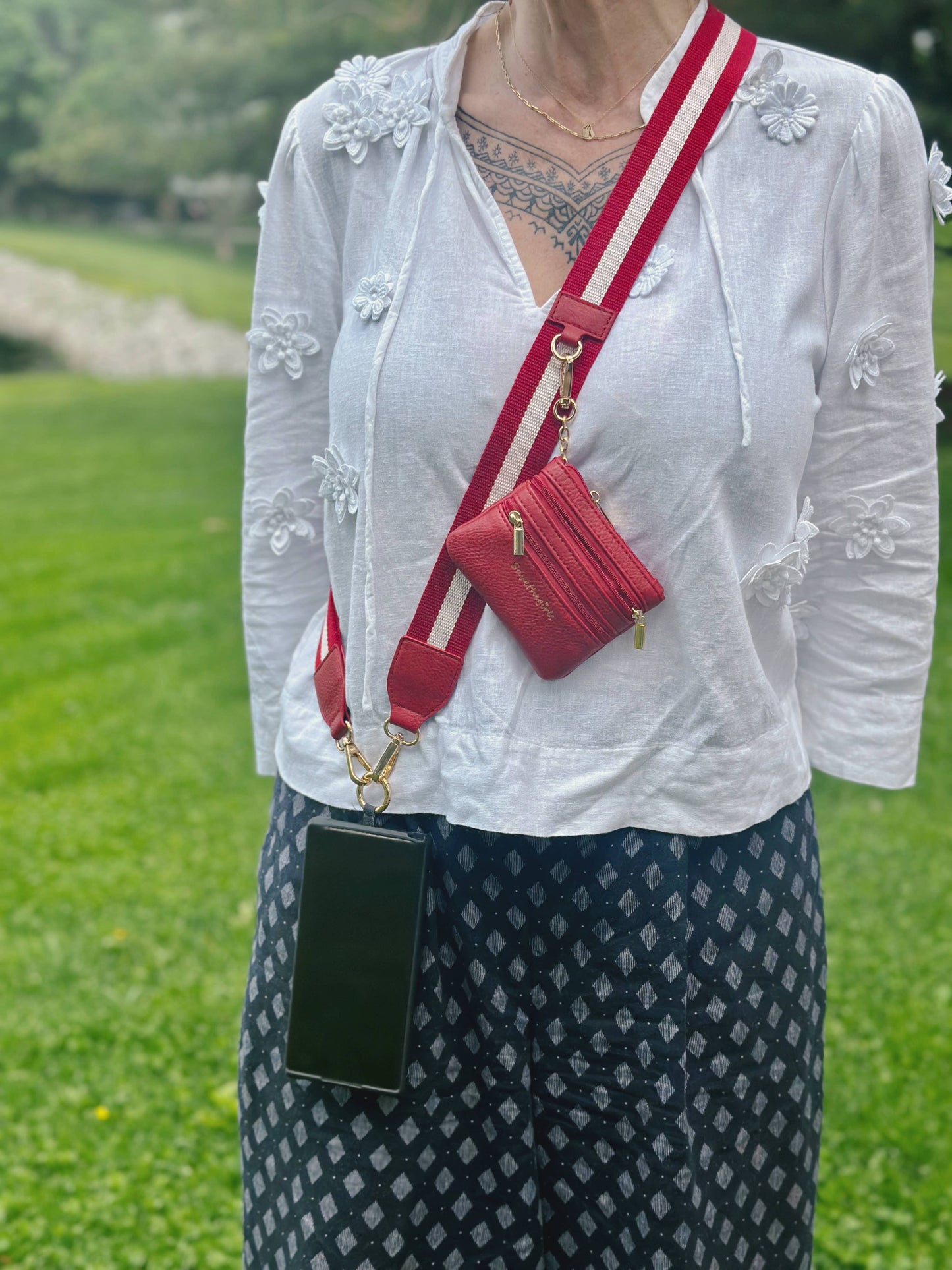 Clip & Go Crossbody Strap w/Pouch - Bold Stripe Collection: Red/White - Red Pouch