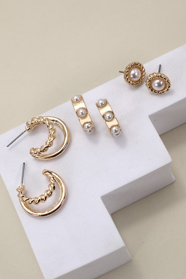 Gold Pearl Hoop Stud Trio Earrings