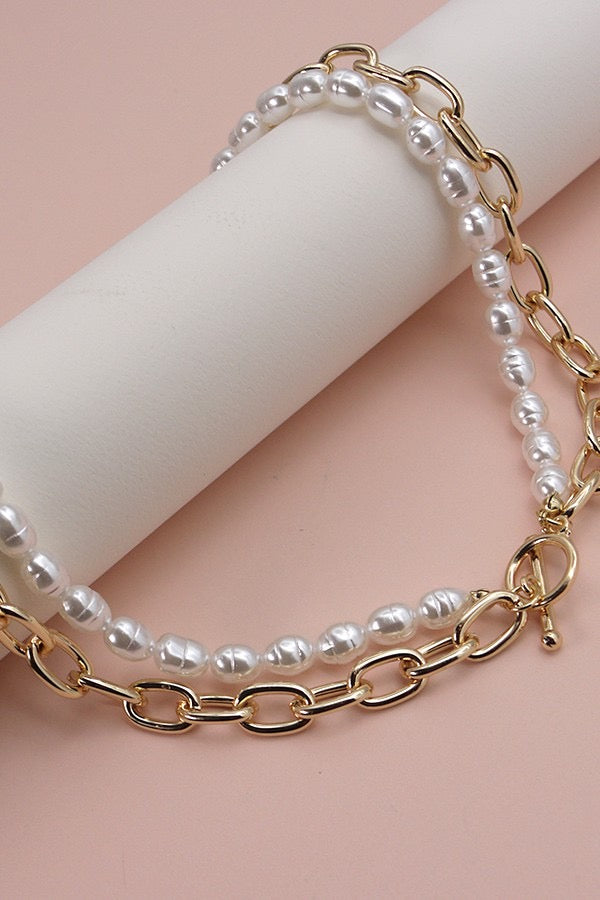 Double Layer Pearl Gold Chain Necklace