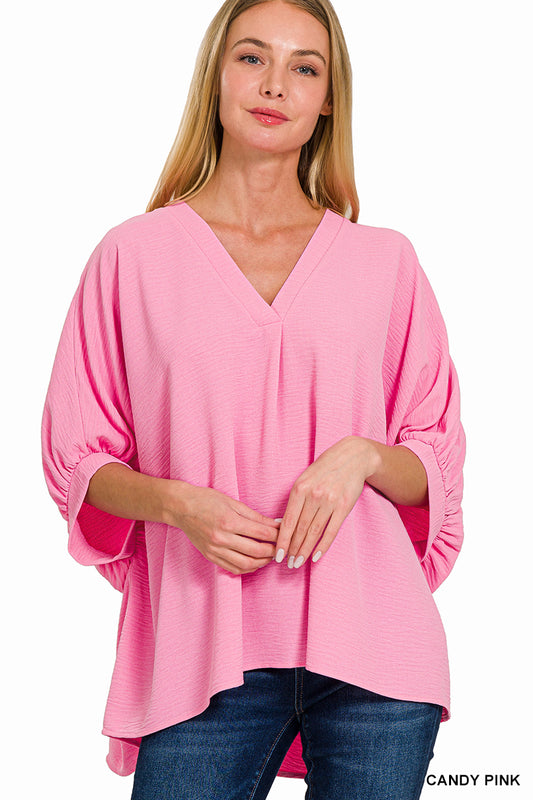 Woven V-Neck Puff Half Sleeve Top
