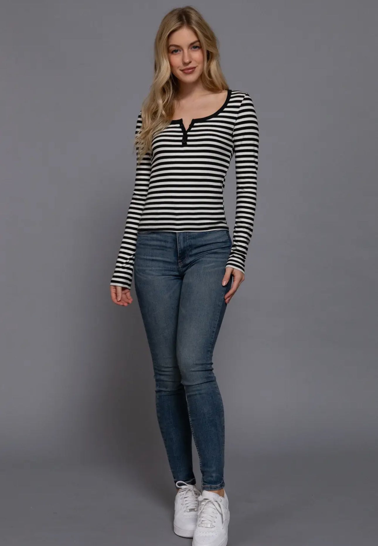 Long Sleeve Henley Neck Striped Rib Top