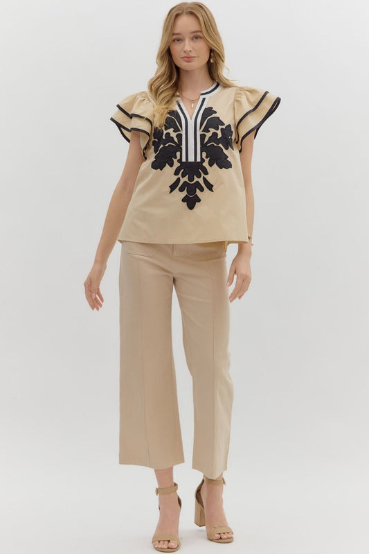 Solid Flutter Sleeve V-Neck Top