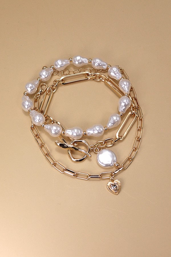 3 Row Pearl Link Toggle Paper Clip Bracelets