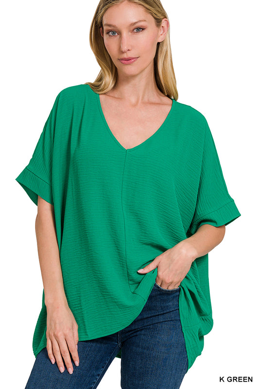 Woven V-Neck Short Sleeve Top