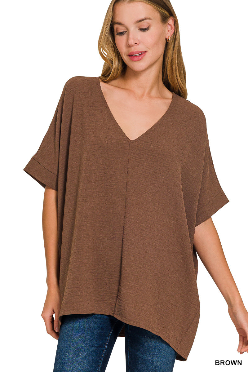 Woven V-Neck Short Sleeve Top
