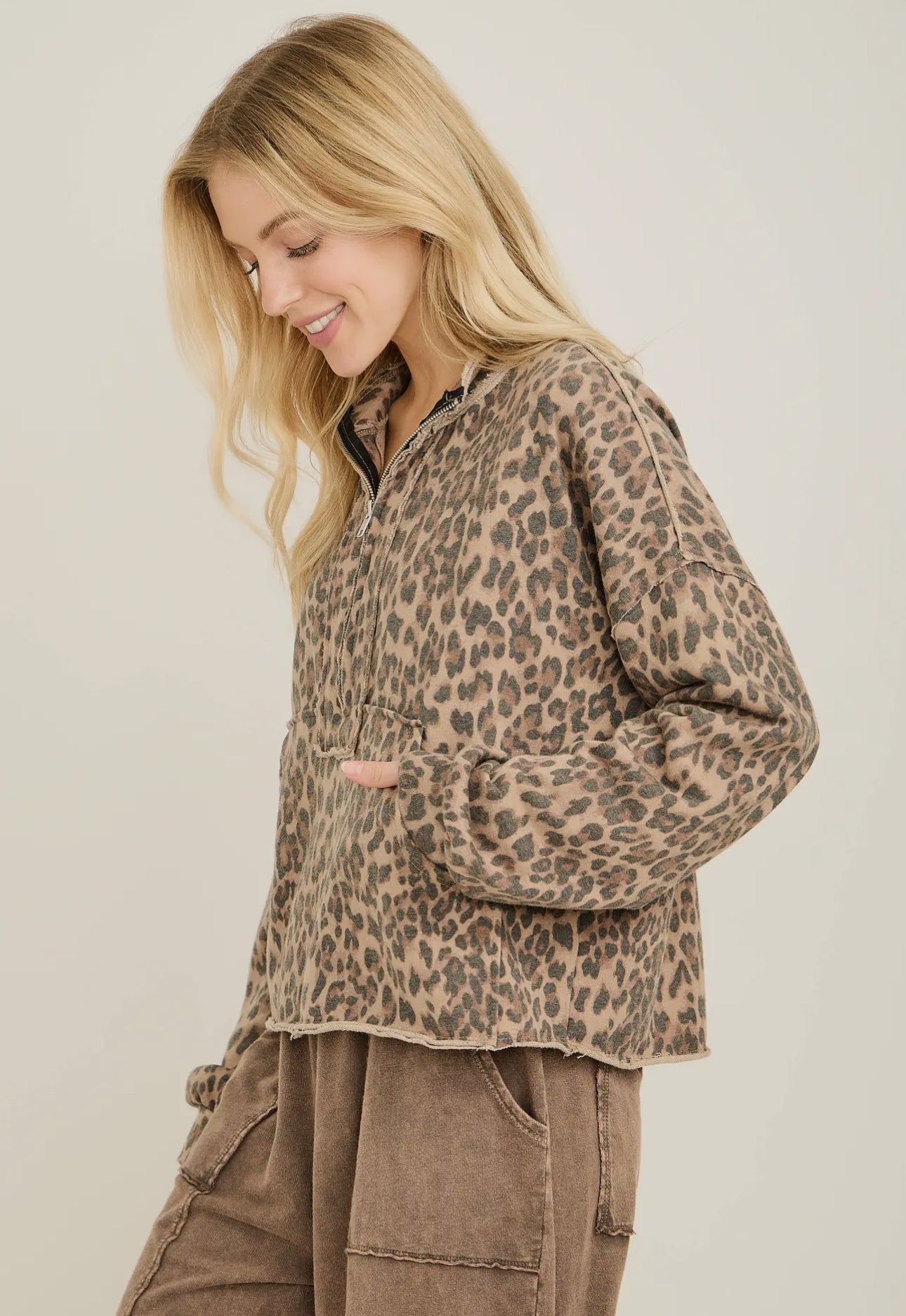 Washed Leopard Half Zip Pocket Sweatshirt