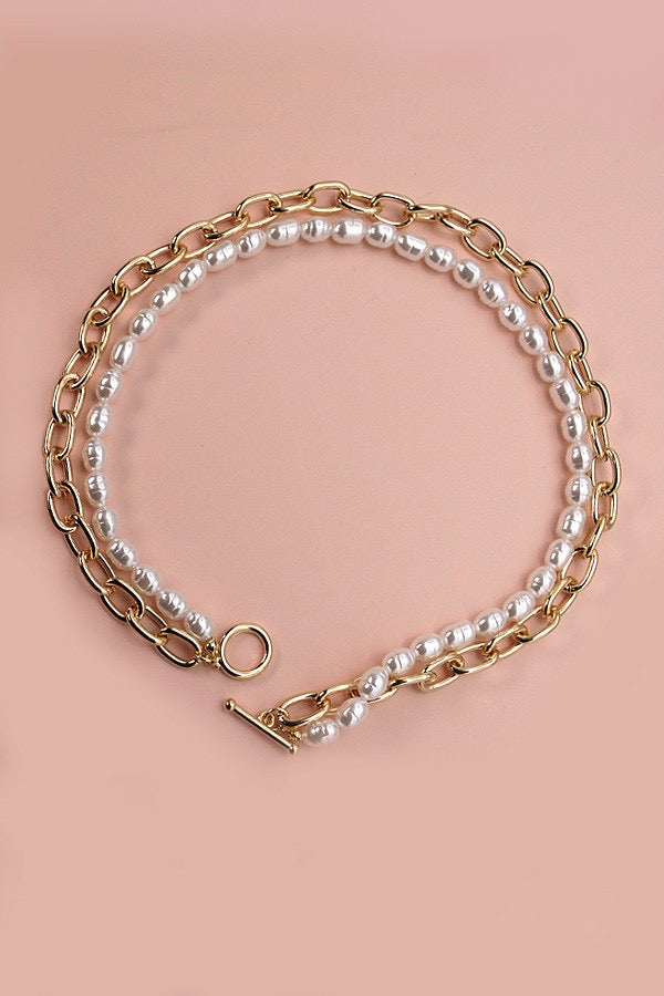 Double Layer Pearl Gold Chain Necklace