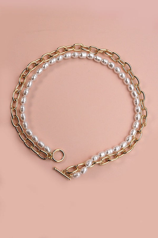 Double Layer Pearl Gold Chain Necklace