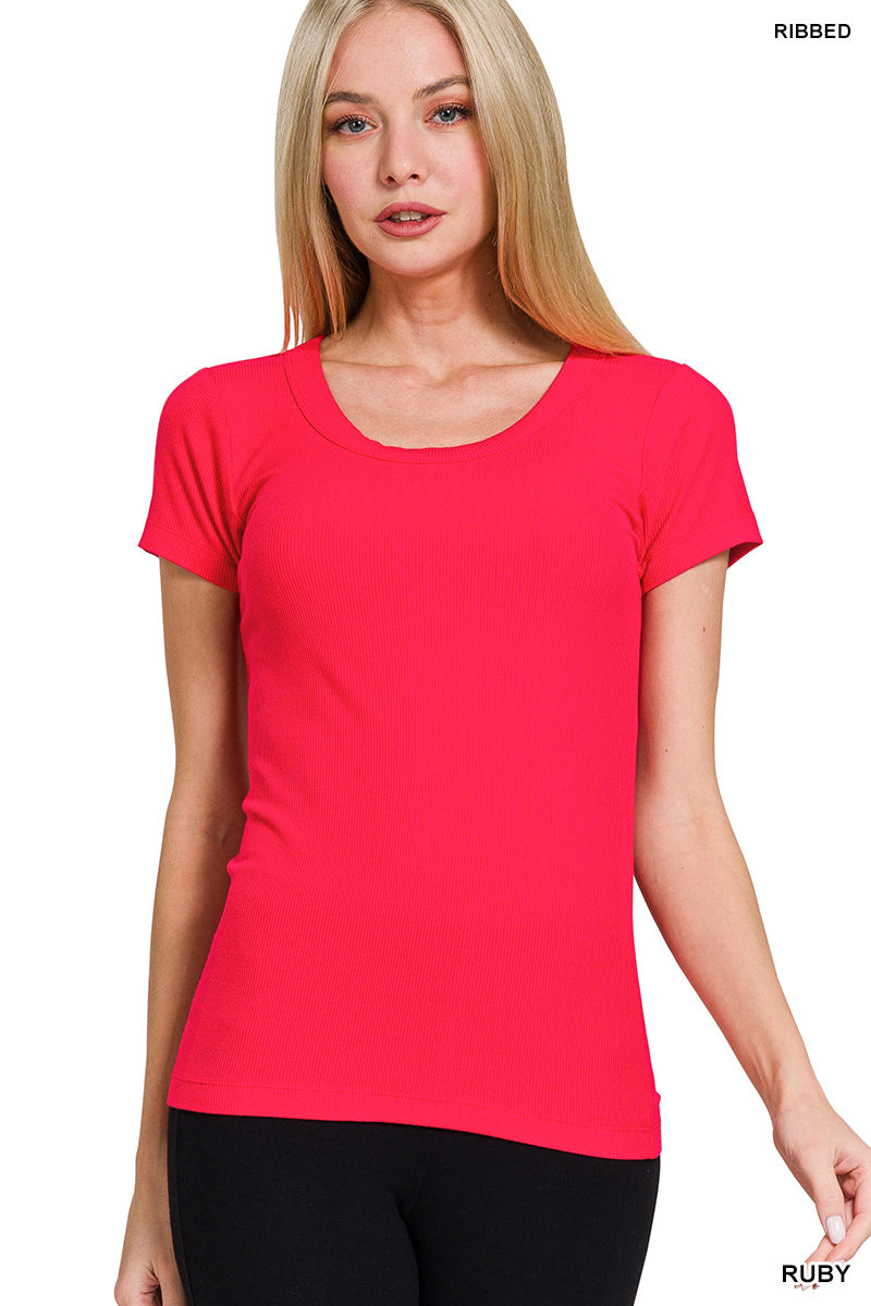 Ribbed Round Neck Short Sleeve Tee