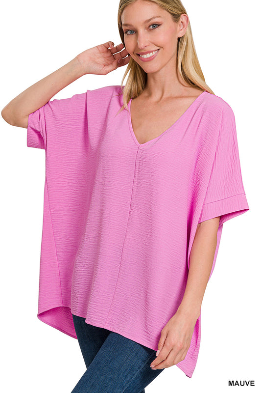 Woven V-Neck Short Sleeve Top
