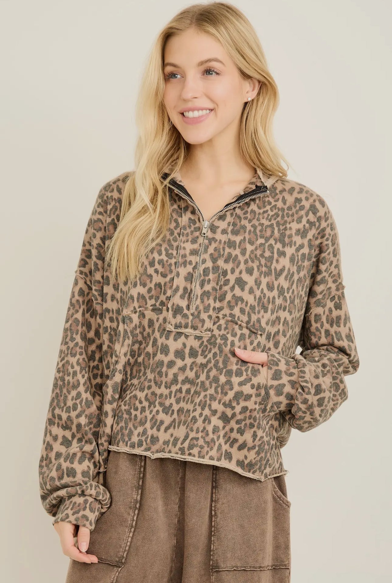 Washed Leopard Half Zip Pocket Sweatshirt