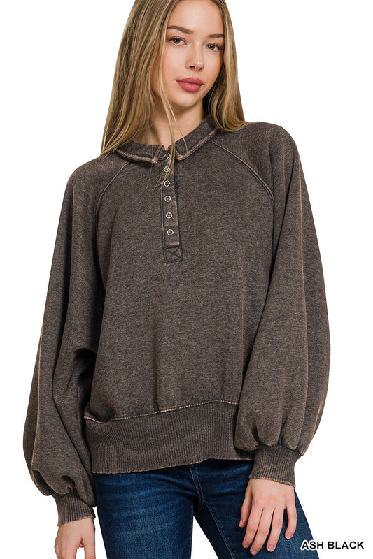 Acid Wash Fleece Button Up Sweatshirt
