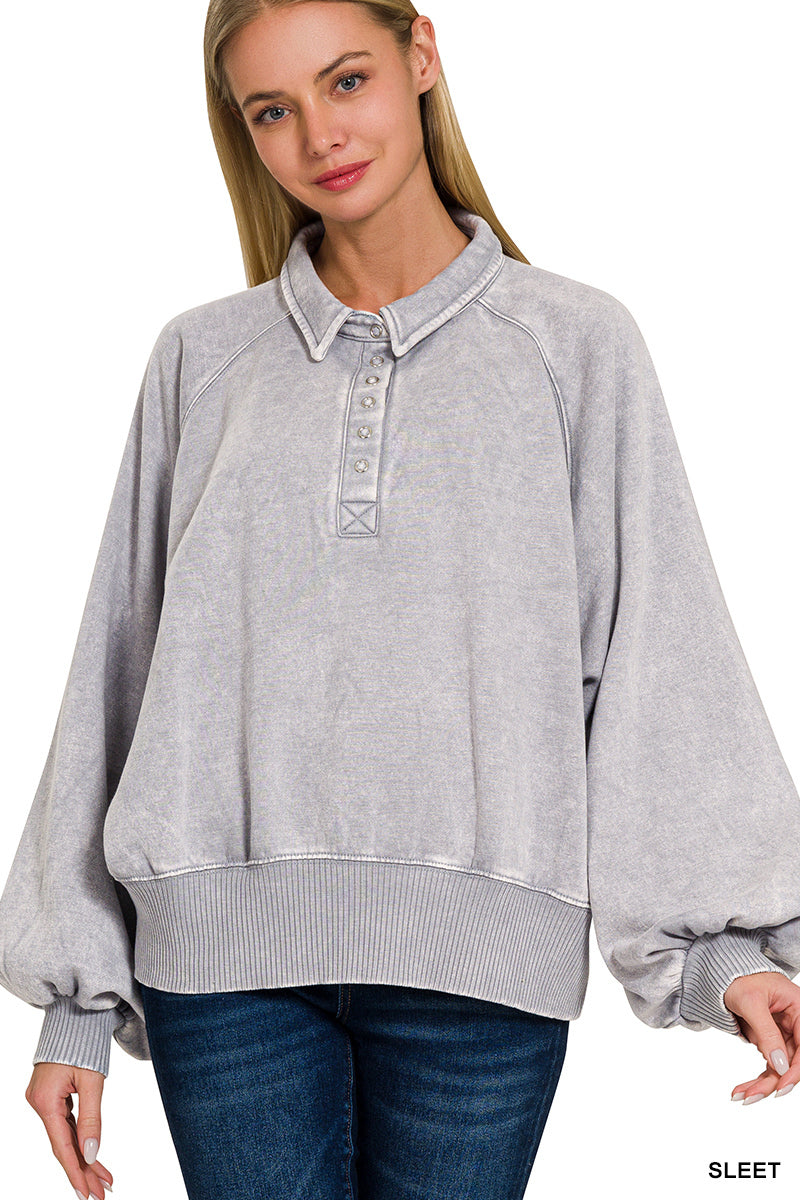 Acid Wash Fleece Button Up Sweatshirt