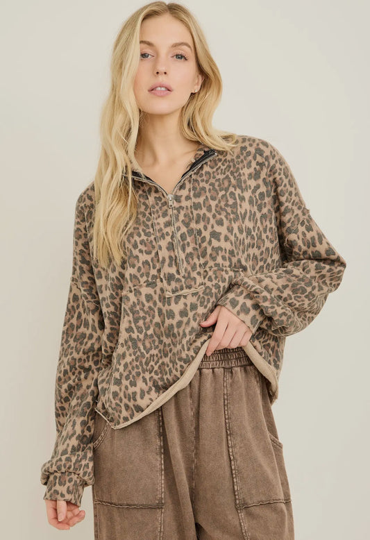 Washed Leopard Half Zip Pocket Sweatshirt