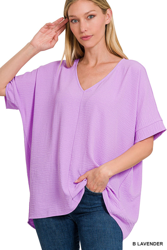 Woven V-Neck Short Sleeve Top