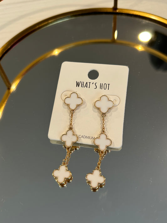 White Epoxy Clover and Gold Chain Drop Earrings