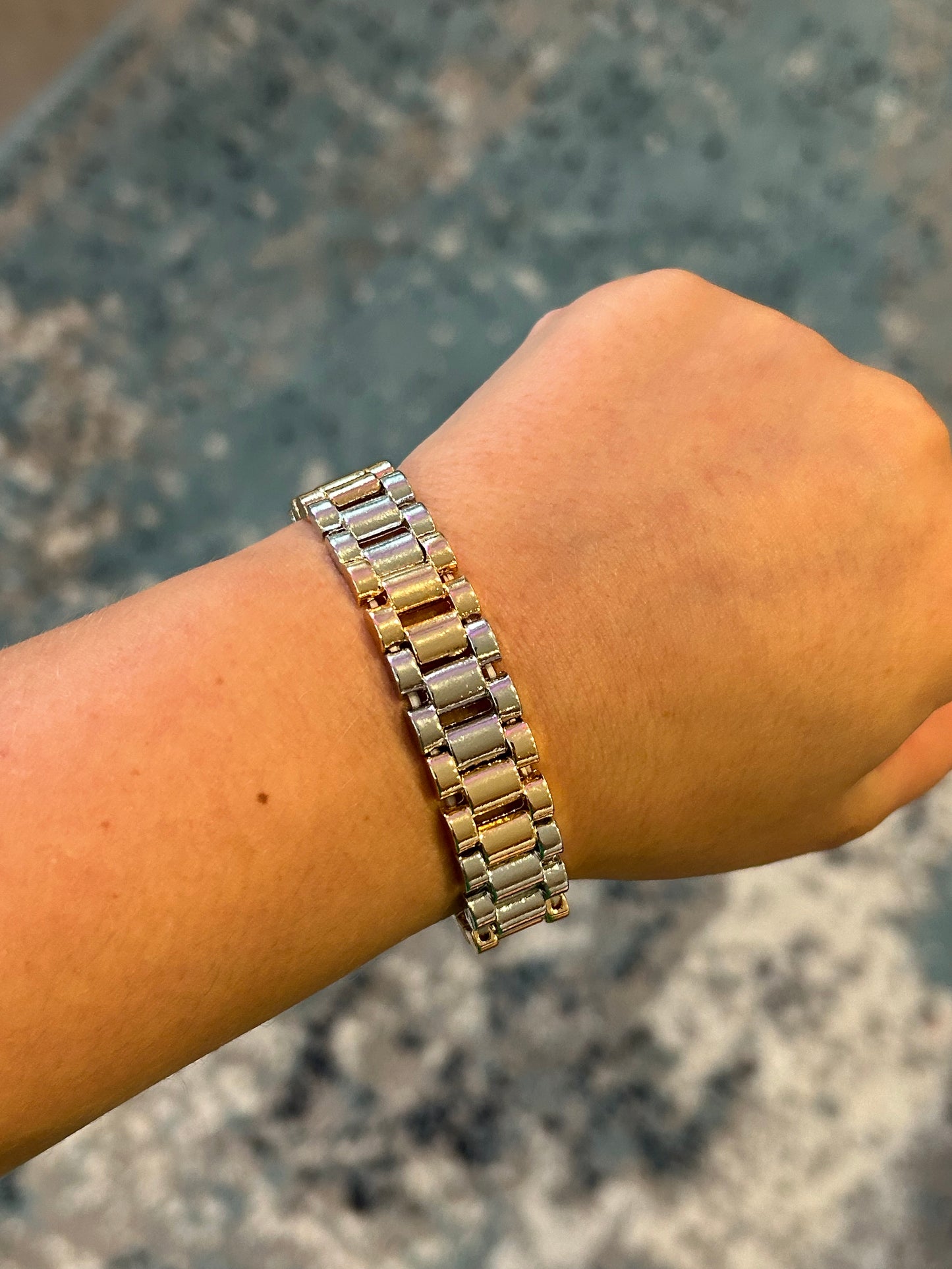 Shiny Gold and Silver Watch Band Textured Stretch Bracelet