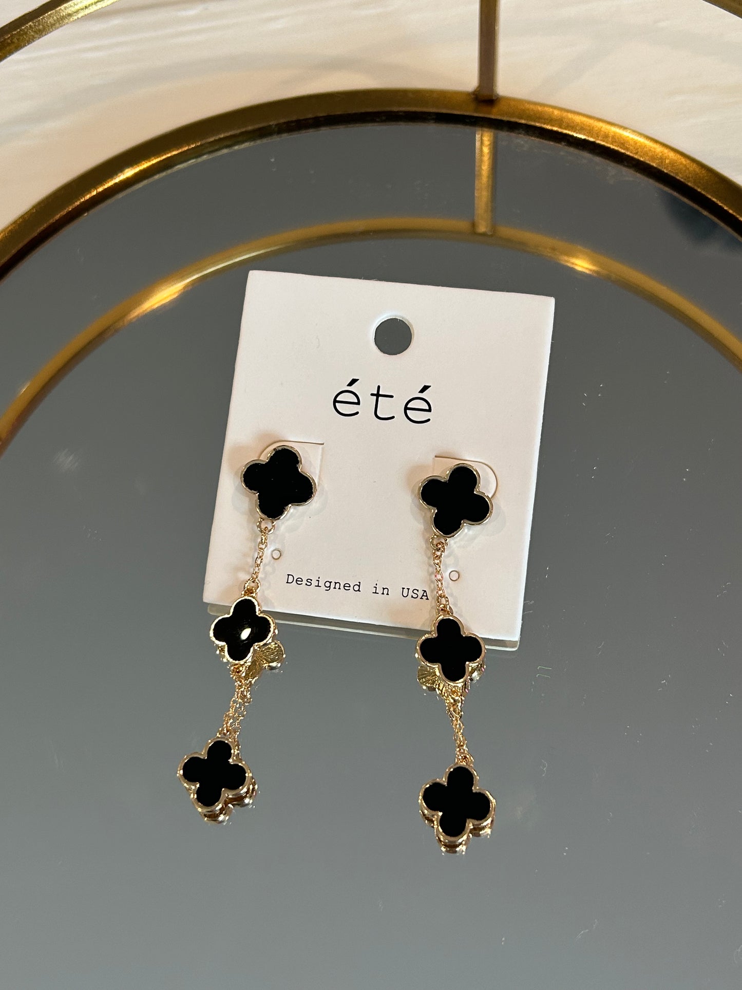 Black Epoxy Clover and Gold Chain Drop Earrings