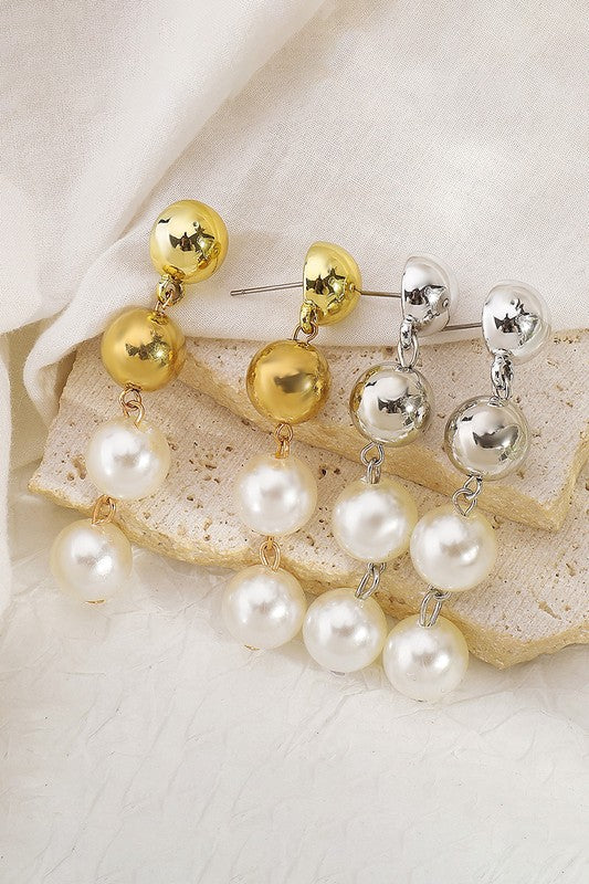 Long Tiered Ball Pearl Dangle Earrings