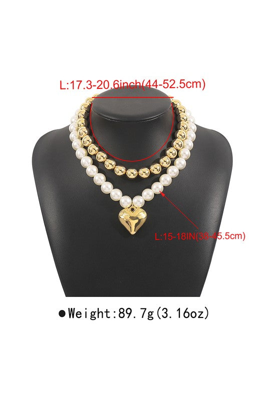 Layered Pearl Beaded Heart Pendant Necklace