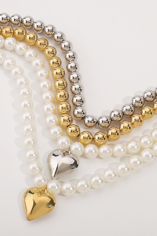 Layered Pearl Beaded Heart Pendant Necklace